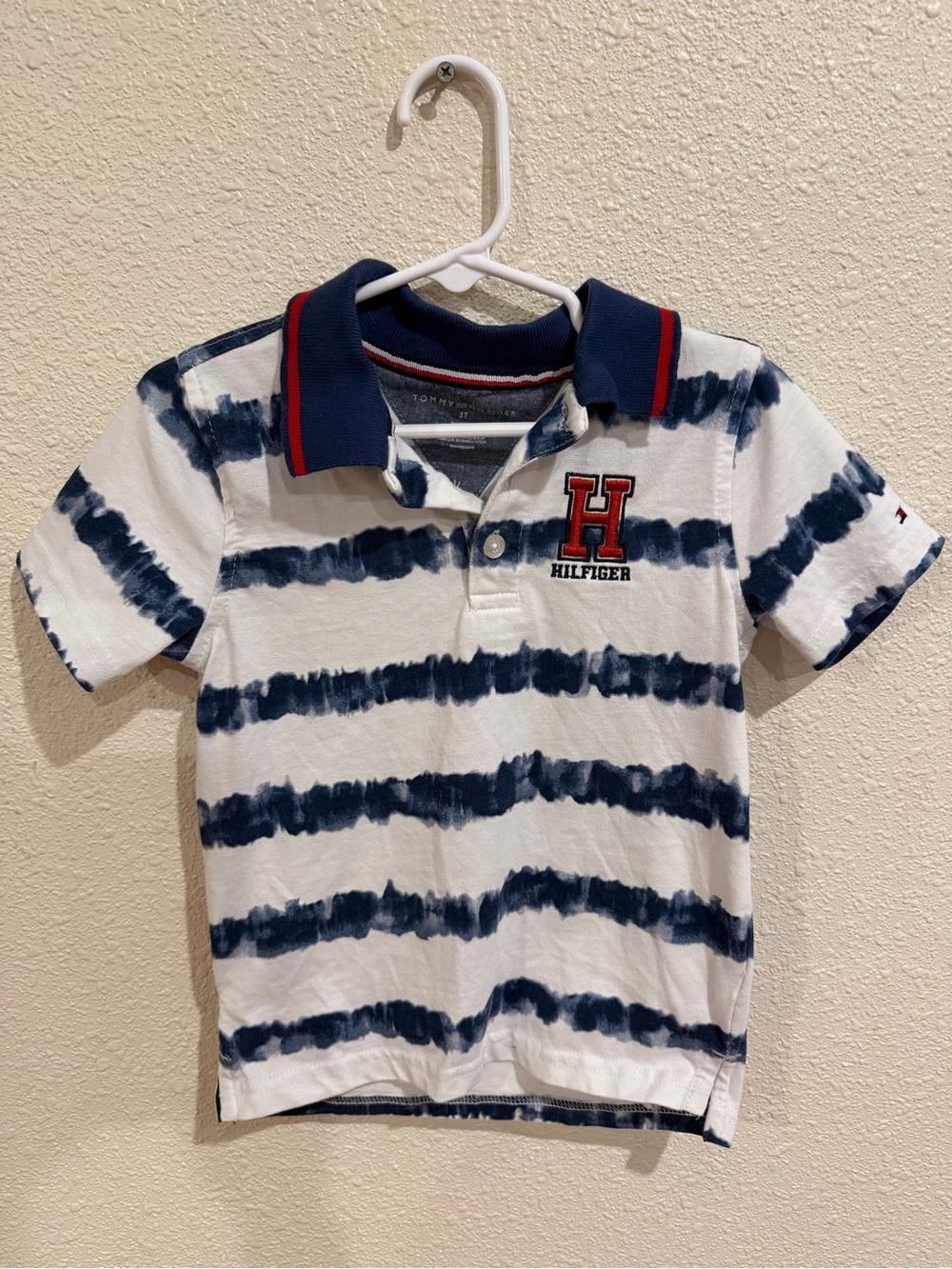 Tommy Hilfiger White & Navy Striped Polo with Red Accent